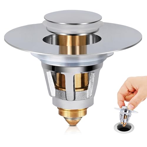 All Brass Metal Sink Stopper with Hair Catcher | Universal Bathroom Drain Strainer | Anti Clog Filter Basket, Polished Chrome, Fit for 1.08-1.5 Inch Sink Drain Hole