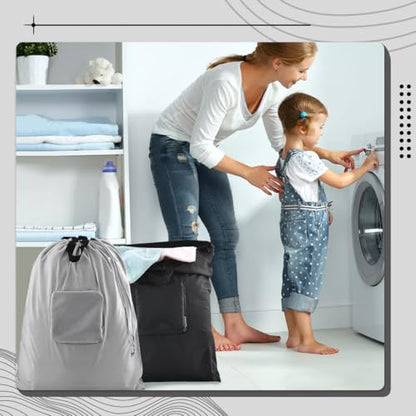 Travel Laundry bags, Dirty Clothes Travel Bag with Handles, Portable Small laundry Sack for Travelling, Suitcase, Gym, Camping (Black&Grey) - color: Black&Grey