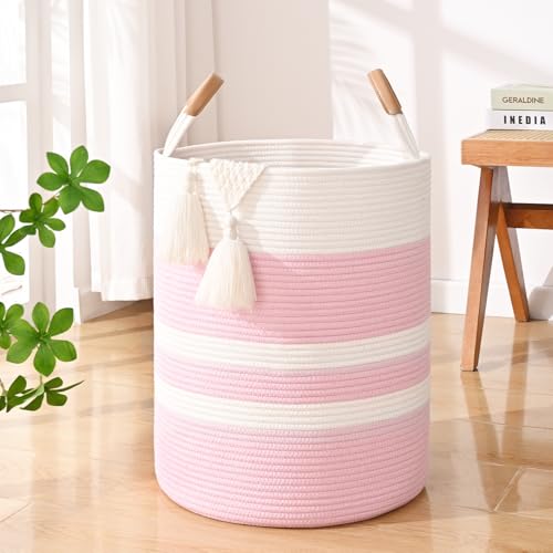 Large Laundry Basket, Laundry Hamper with Leather Handles, 60L Woven Dirty Clothes Hamper, Rope Hampers for Bedroom, Barthroom, Pink - color: Pink & White, size: 60L