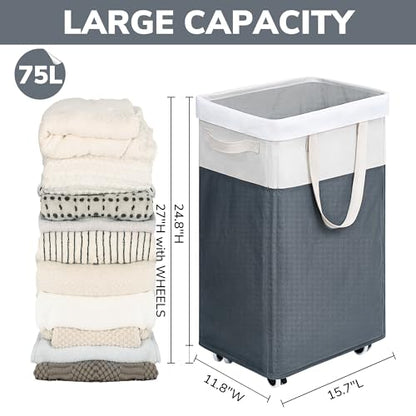 Goodpick 75L Rolling Dirty Clothes Hamper with Wash Bag for Laudnry - color: Grey & White 1-Pack