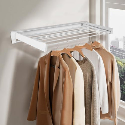 Wall Mounted Clothes Drying Rack with 7 Rods, Laundry Drying Rack Collapsible Aluminum Rods, Drying Rack Clothing for Indoor Outdoor Hanging Clothes (White, 33.07'')