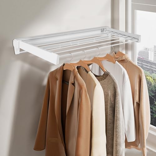 Wall Mounted Clothes Drying Rack with 7 Rods, Laundry Drying Rack Collapsible Aluminum Rods, Drying Rack Clothing for Indoor Outdoor Hanging Clothes (White, 33.07'')