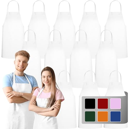 GREEN LIFESTYLE 12 Pack Bib Apron - Unisex White Aprons, Machine Washable Aprons for Men and Women, Kitchen Cooking BBQ Aprons Bulk (Pack of 12, No Pockets, White) - color: White