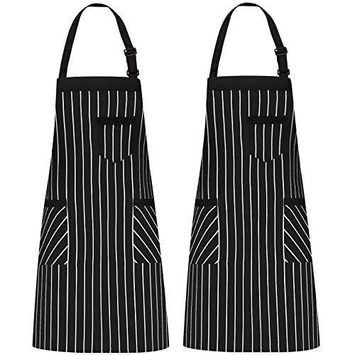 NLUS 2 Pack Cooking Aprons for Women with Pockets Adjustable Kitchen Bib Aprons for Women Men Chef, Black/White Stripe (Black/White Stripes) - color: Dark Black/White-2