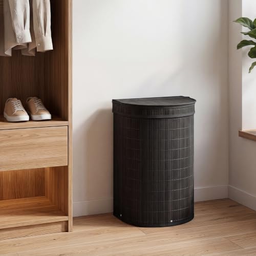 Giantex Bamboo Laundry Hamper with Zippered Lid, 16 Gal Large Capacity Clothes Hamper w/Removable Liner, Half Moon Laundry Basket for Bedroom, Bathroom, Laundry Room (Black) - color: Black