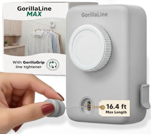 GorillaLine Max – Retractable Clothesline Indoor Outdoor, Non-Sagging Heavy Duty Clothes Drying Line, Wall Mounted Drying Rack, Air Dry Clothing, Max Tighten with GorillaGrip - color: Gray Max