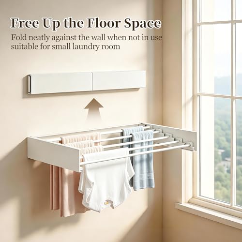 Wall Mounted Foldable Clothes Drying Rack Carbon Steel 5 Rods, Space-Saving Laundry Drying Rack with Wall Template (1, White, 19.69") - color: White, size: 19.69"
