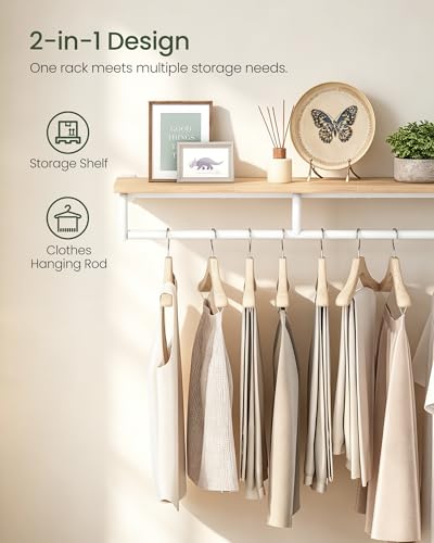 CHOEZON Wall Mounted Clothes Rack, Metal Garment Rack with Top Shelf, Laundry Storage Shelf with Hanging Rod, for Laundry Room, Bedroom, Entryway and Storage Room, Natural and White TYM02NW - color: Natural, White