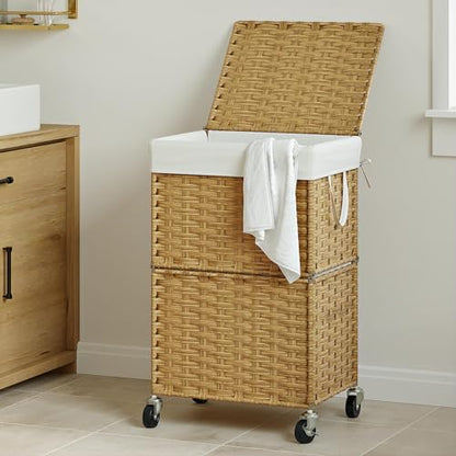 Chrislley Wicker Laundry Basket with Wheels,Rolling Laundry Hamper with Lid - color: Yellow