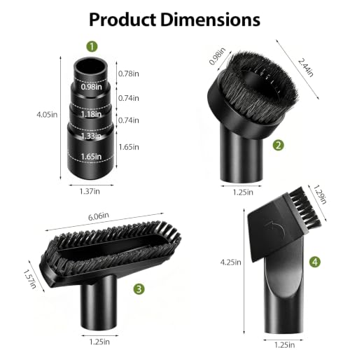Vacuum Attachments, 4 Pieces, 1-1/4 Inch, Round and Square Brushes, 2-in-1 Suction Brush, 4-Layer Adapter, Universal for Most Vacuum Cleaners