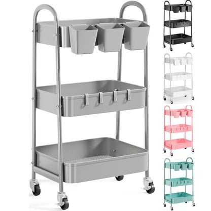 3 Tier Gray Metal Rolling Cart, Storage Cart with Handle & Lockable Wheels - color: Calm Gray, size: 3 tier