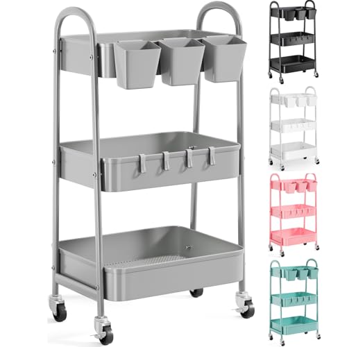 3 Tier Gray Metal Rolling Cart, Storage Cart with Handle & Lockable Wheels - color: Calm Gray, size: 3 tier