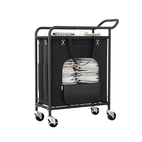 Laundry Basket with Wheels, Rolling Laundry Hamper with 38.4" Tall Handle for Less Bending, Bottom-Opening Design for Easy Unloading, Slim 150L Rolling Laundry Cart for Apartment, Dorm & Home - color: Black