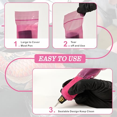 Tattoo Pen Covers 200PCS & 6 Rolls Grip Tape 2.56"x7" Pink - color: Pink