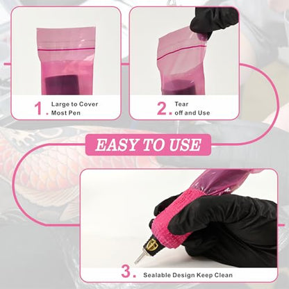 Tattoo Pen Covers 200PCS & 6 Rolls Grip Tape 2.56"x7" Pink - color: Pink