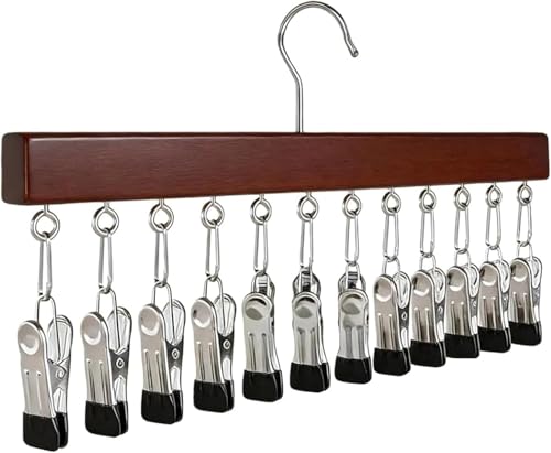 Clothes Hanger with 12 Metal Clips, 40 cm, Brown - color: Black