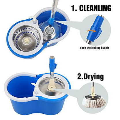 Spin Mop and Bucket with Wringer Set, 3 Microfiber Mop Heads, 61" Handle - color: Blue-1