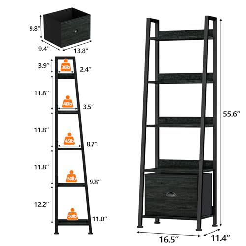 Furologee Ladder Shelf, 5 Tier Bookshelf with Fabric Drawer, Black Oak - color: Black Oak, size: 5-Tier, 15" W