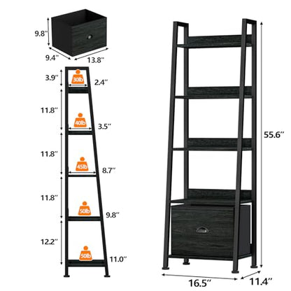 Furologee Ladder Shelf, 5 Tier Bookshelf with Fabric Drawer, Black Oak - color: Black Oak, size: 5-Tier, 15" W