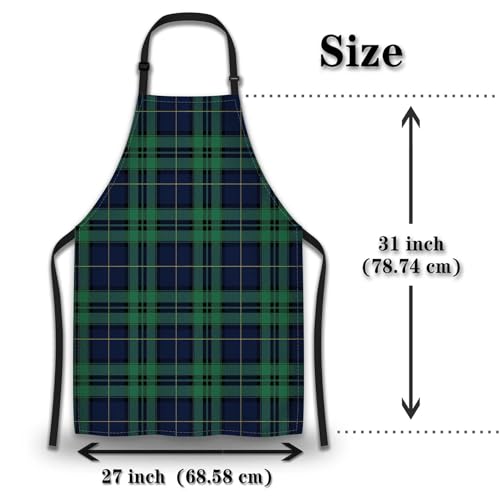 Garden Apron for Women Blue and Green Tartan Kitchen Aprons for Men for Kitchen Cooking Restaurant BBQ Painting Crafting Gardening 27” (W) x 31” (H), Waterproof Apron - color: Blue and Green Tartan