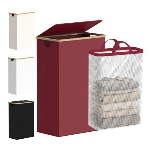 efluky Slim Laundry Basket with Lid, Narrow Laundry Hamper with Removable Bag, Skinny Dirty Clothes Basket with Bamboo Handles for Bathroom, Bedroom & Laundry Room (Burgundy, 75L) - color: Burgundy, size: 75L