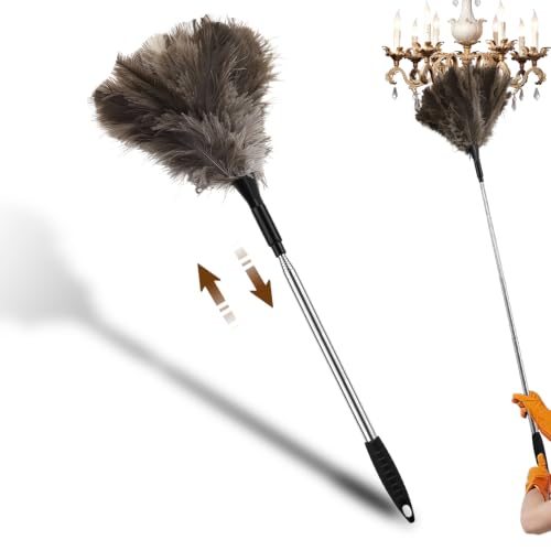 Ostrich Feather Duster, 18-48 Inch Extendable Feather Duster with Natural Fluffy Ostrich Feathers, Dusters for Cleaning Ceiling Fans, Blinds, High Ceilings, Furniture, Cars, Washable & Reusable - color: Ostrich Feather Color