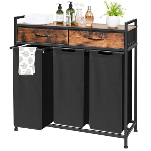 180L Laundry Sorter Hamper Basket 3 Section with Shelf & 2 Drawers - color: Brown, size: 180L