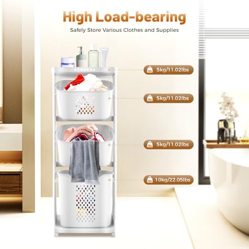 Clothes Hamper 3 Tier Rolling with Top Shelf, PP Plastic Laundry Sorter with Wheels, 3 Section Basket Organizer with Lockable Wheels, Tall Storage Basket for Bedroom Bathroom