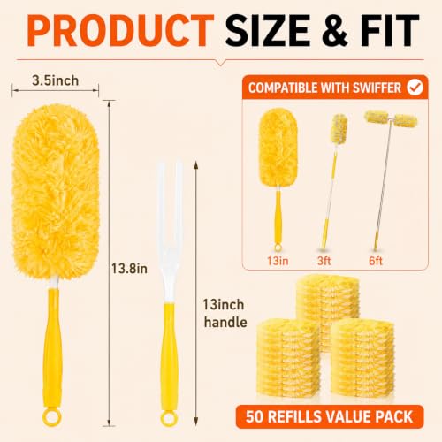 Duster Refills for Swiffer Duster, 50 Count Heavy Duty 2 Side 360° Dusters Refill Kit with 1 Handle, 4X Microfibers, Disposable Multi-Surface Duster for Cleaning Furniture Blinds Ceiling Fan - color: 50 Refills & 1 Short Handle