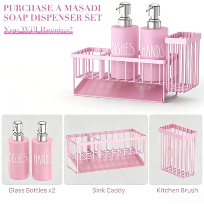 MASADI Pink &Silver Kitchen Dish Soap Dispenser Set with Sponge Holder, 12OZ Glass Bottle, Hand and Dish Soap Dispenser Set, Non-Slip Silicone Pad, Brush Holder, Kitchen Sink Organizer Countertop - color: All Pink