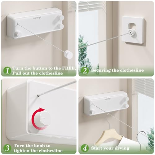 Danpoo Retractable Clothesline, 2x13.8ft Stainless Steel Clothes Line for Indoors/Outdoors, Wall-Mounted Laundry Drying with Auto-Lock, Heavy Duty(White) - color: White