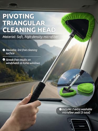 TAKAVU Window & Windshield Cleaner, Extendable, 3 Microfiber Pads (Green) - color: Green