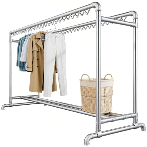 Clothes Drying Rack 7.2ft Outdoor Indoor, Drying Rack Clothing with Hooks, Laundry Drying Rack Heavy Duty Steel Clothesline(Height 5.3ft/1.6m) - size: Height 5.3ft/1.6m