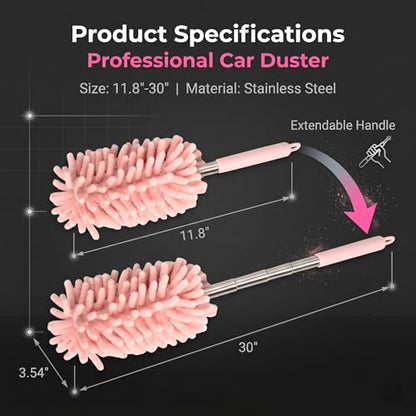 2 PCS Car Interior Duster with Extension Pole, Microfiber Bendable Head Telescopic Cleaning Tool, Scratch Free for Vehicle Interior & Exterior, Universal for Most Cars, Trucks, SUVs (Pink)