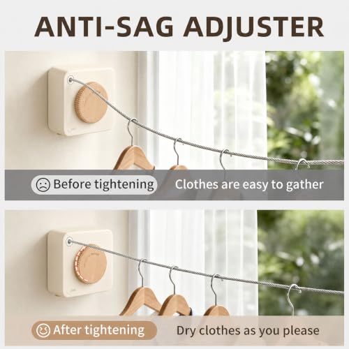 Anti-Sag Retractable Clothesline 40LB Capacity - 201in Stainless Steel Laundry Line for Indoor Outdoor, Wall Mounted Space Saving Easy Install (White Wood, Single line) - color: White Wood, size: Single line