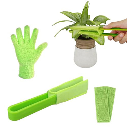 Leaf Cleaning Tongs with 2 Removable Sleeves and 1 Dusting Glove, Washable Reusable Microfiber Sleeves and Gloves Plants Cleaning Set for House Plants, Window Blind (Green)