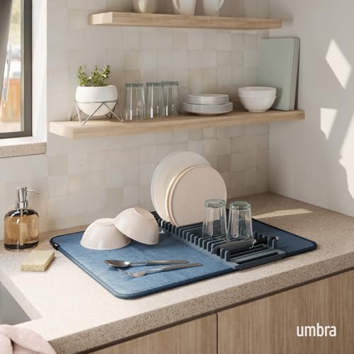 Umbra Udry Dish Drying Rack with Mat, Folds Flat for Storage, Slate Blue - color: Slate Blue, size: 24" x 18"