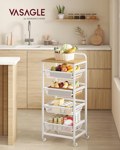 VASAGLE 5-Tier Storage Rolling Cart Organizer with Pull-Out Baskets - color: Golden Oak + Matte White, size: 5 Tiers
