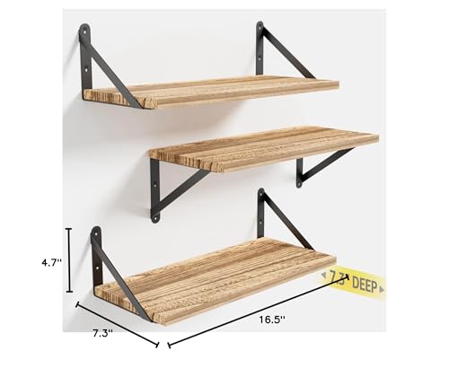 COCOYA Wall Shelves 7.3" Deep Solid Paulownia Wood (Light Brown, Set of 3) - color: Carbonized Black, Set of 3