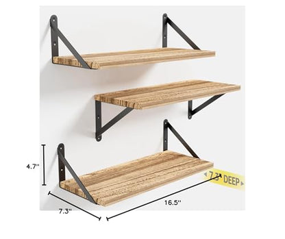 COCOYA Wall Shelves 7.3" Deep Solid Paulownia Wood (Light Brown, Set of 3) - color: Carbonized Black, Set of 3