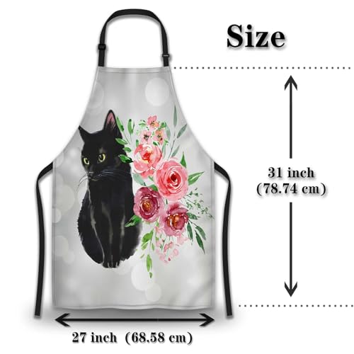 Cook Apron Women Black Cat and Watercolor Flower Mans Aprons for Grilling for Kitchen Cooking Restaurant BBQ Painting Crafting Gardening 27” (W) x 31” (H), Waterproof Aprons - color: Cat and Flower