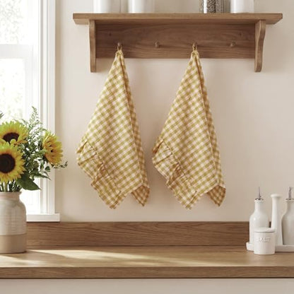 HunnmingRe 2 Pcs Yellow Pink Gingham Kitchen Towels Cotton Ruffled - color: Yellow, style: Gingham