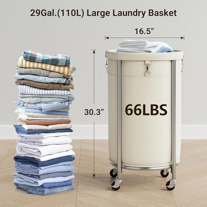 ELYKEN Laundry Basket with Wheels, Round Rolling Laundry Hamper, Cream - color: Cream, size: 110L