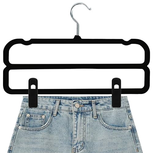 WJWSKI Velvet Pants Hangers with Double Non Slip Bar - with Adjustable Clips- Thin Space Saving Clothes Hanger - 360° Swivel Felt Trouser Hanger Perchas Terciopelo 10 Pack (Black) - color: Black