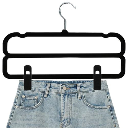 WJWSKI Velvet Pants Hangers with Double Non Slip Bar - with Adjustable Clips- Thin Space Saving Clothes Hanger - 360° Swivel Felt Trouser Hanger Perchas Terciopelo 10 Pack (Black) - color: Black