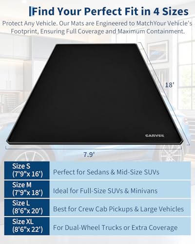 Garage Mat with Raised Edge, 1000D PVC Non-Slip Floor Protector for Cars Trucks SUVs, Snow Melt Containment Tray for Winter, Comes with Squeegee & 8 Attachment Straps, 4 Size Options (7.9x16 to 8.6x22