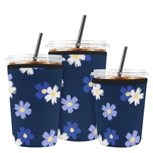 Iced Coffee Sleeve Reusable Neoprene Cup Sleeves, White Floral - color: Blue White Floral