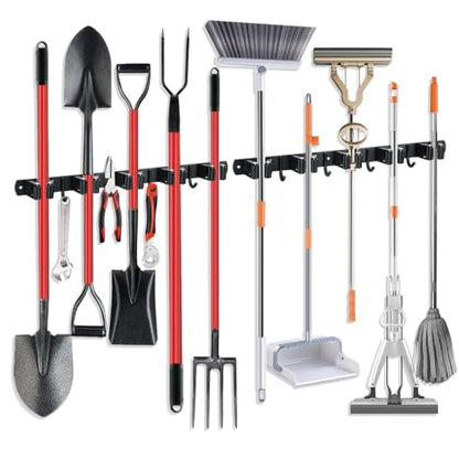 2 Pack Broom Hanger and Mop Holder, Heavy Duty Garden Tool Organizer Rack Rake and Shovel Handle, Stainless Steel Wall Mounted Utility Rack with Screws (5 Racks with 4 Hooks, Matte Black). - color: 2 Pack, size: 5R4H