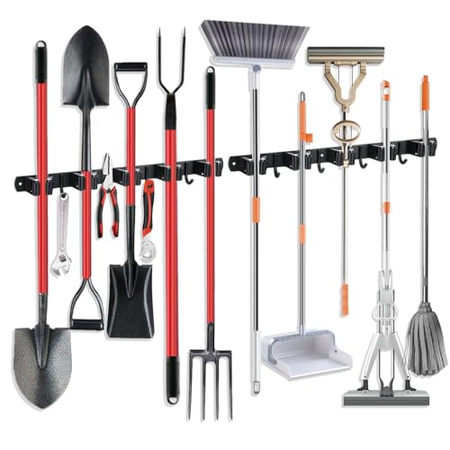 2 Pack Broom Hanger and Mop Holder, Heavy Duty Garden Tool Organizer Rack Rake and Shovel Handle, Stainless Steel Wall Mounted Utility Rack with Screws (5 Racks with 4 Hooks, Matte Black). - color: 2 Pack, size: 5R4H