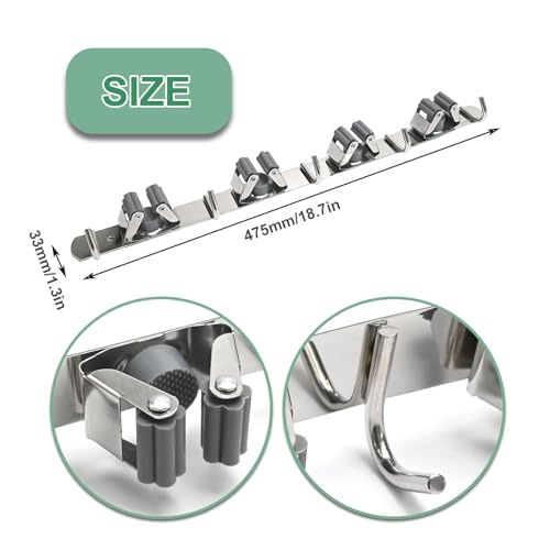 Saihisday Broom Holder Wall Mount, Stainless Steel Mop and Broom Organizer, Heavy Duty Storage Rack with 4 Racks 5 Hooks for Garage Kitchen Laundry Room Garden Bathroom(Gray) - color: Gray